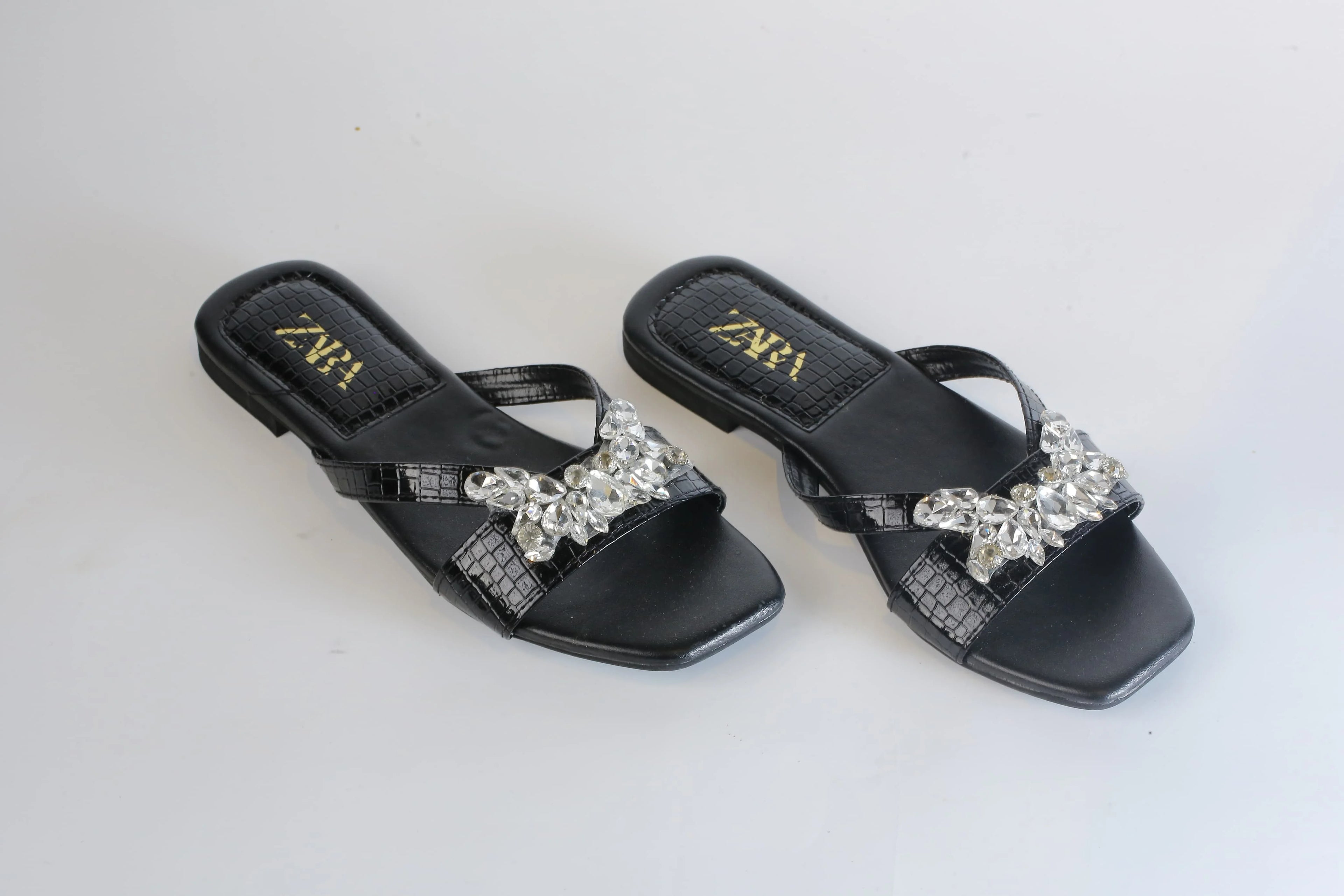 ZARA CRYSTAL FLAT SANDALS - BLACK
