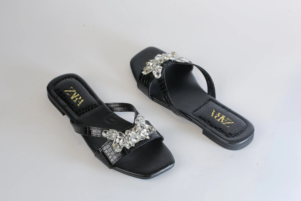 ZARA CRYSTAL FLAT SANDALS - BLACK