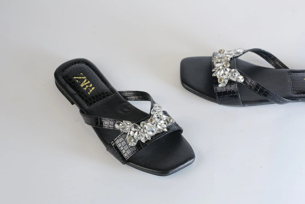 ZARA CRYSTAL FLAT SANDALS - BLACK