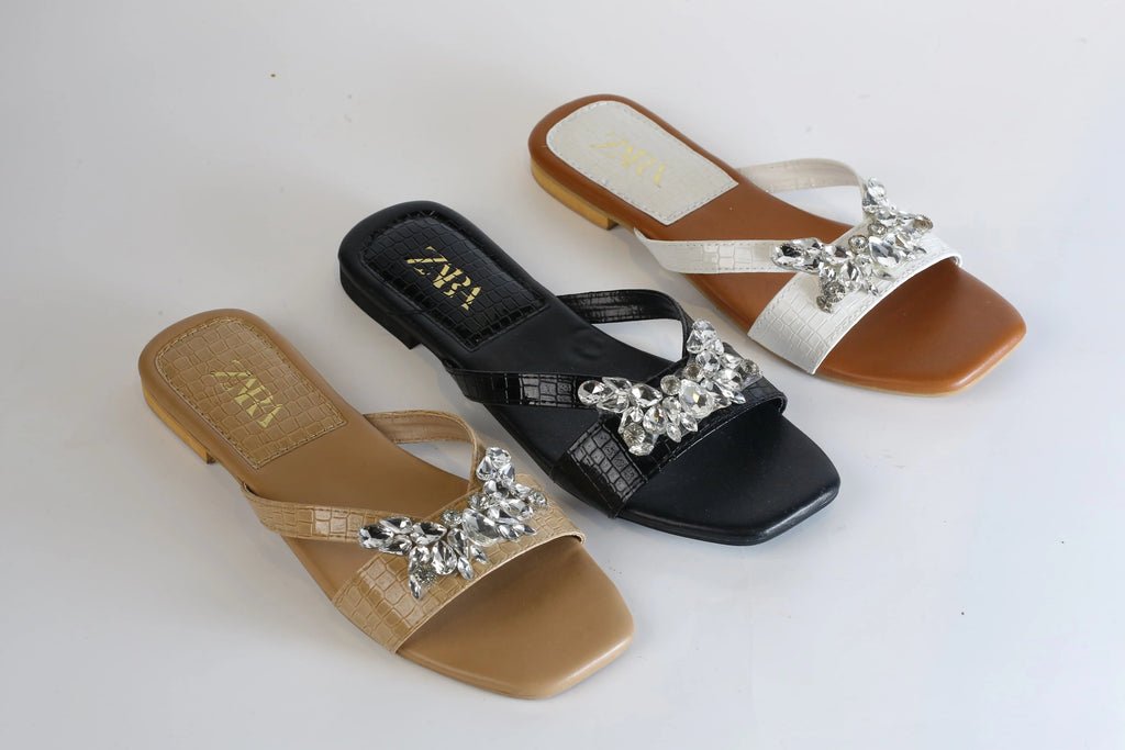 ZARA CRYSTAL FLAT SANDALS - WHITE