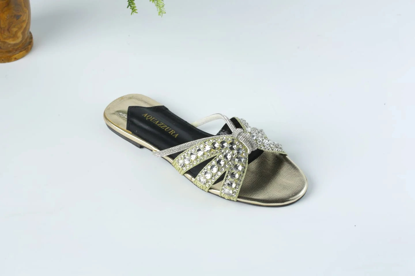 AQUAZZURA EMBROIDERED RHINESTONE FLAT SANDALS - GOLDEN
