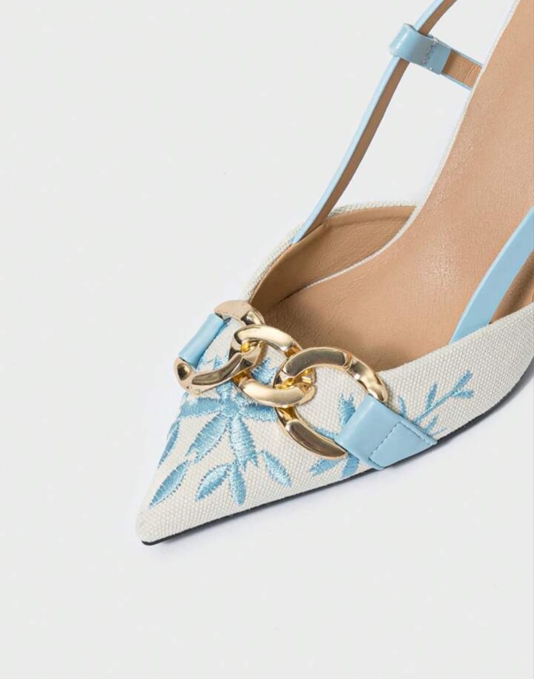 LIGHT BLUE  Floral Embroidered Chain Slingback Heels