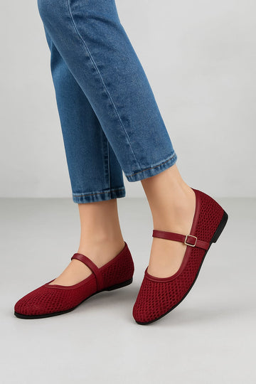 ZARA FISHNET BALLET FLAT PUMPS - MAROON