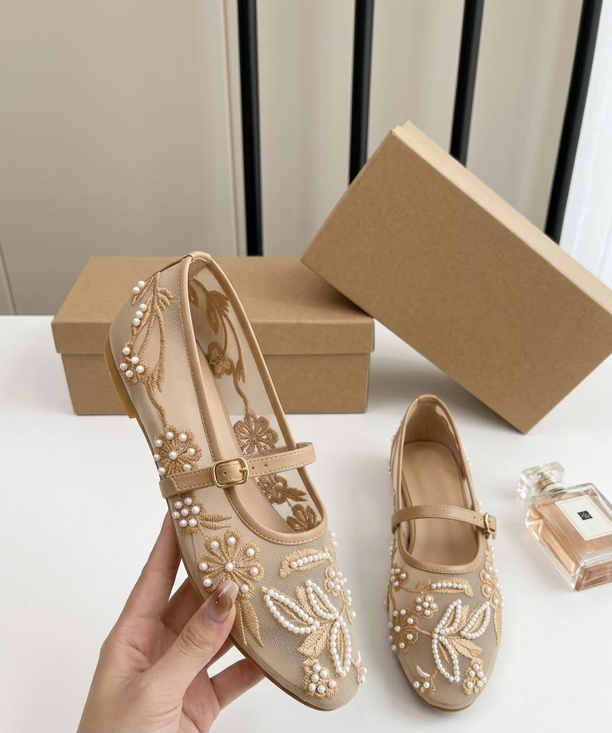 Zara pearls net pumps = BEIGE