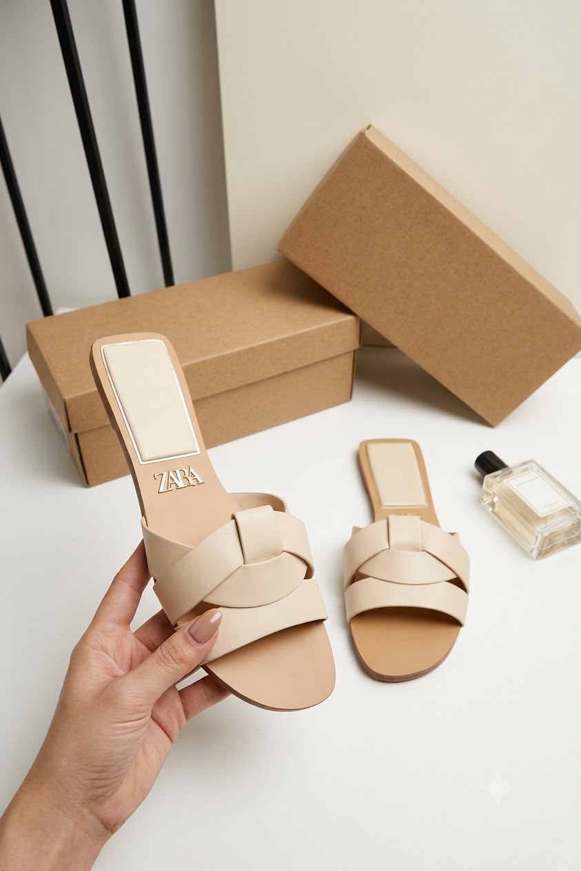 FLAT CRISS-CROSS LEATHER SLIDER SANDALS - BEIGE