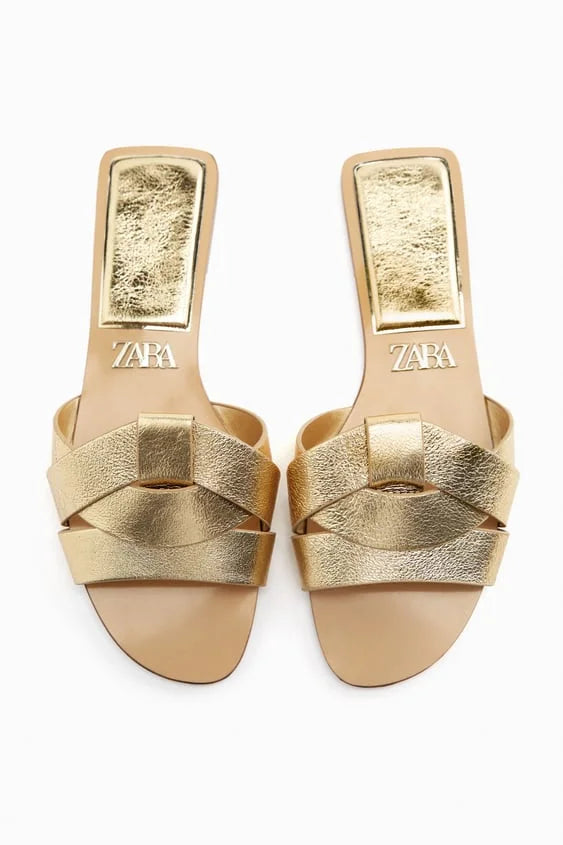 FLAT CRISS-CROSS LEATHER SLIDER SANDALS